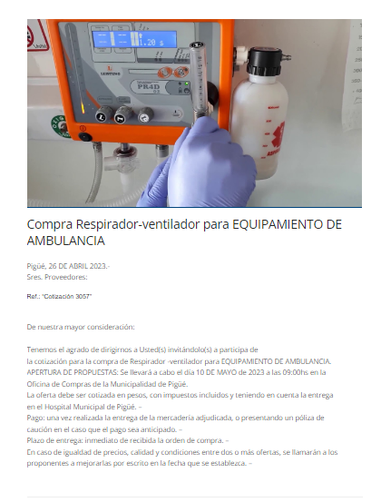 Compra Respirador-ventilador para EQUIPAMIENTO DE AMBULANCIA